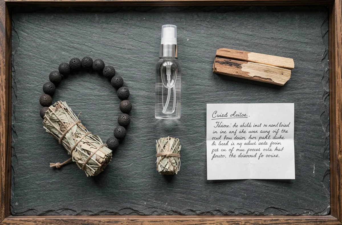 Mise à plat des accessoires pour nettoyer et recharger un bracelet en pierre de lave pour homme