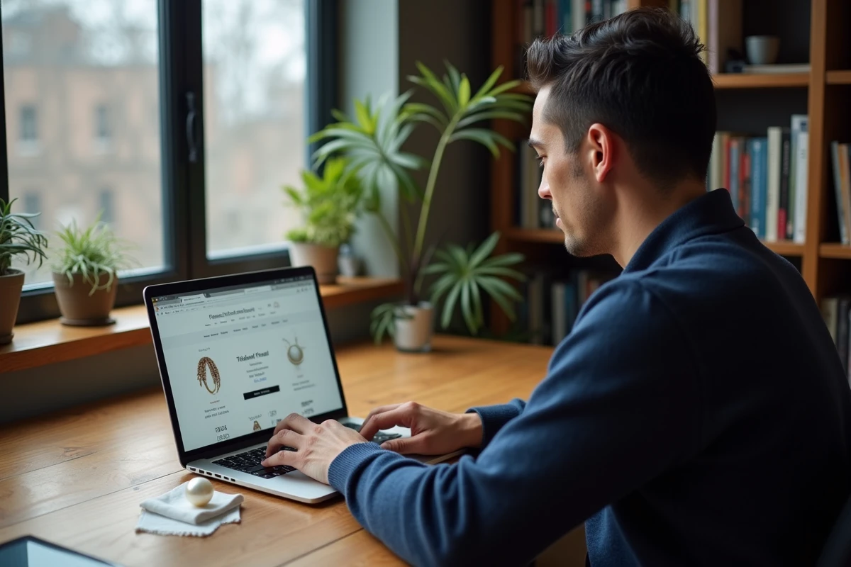 Homme comparant les prix de perles de Tahiti sur un site e-commerce depuis son bureau