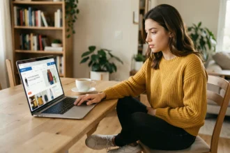 Jeune femme en tenue de rentrée parcourant le site Kiabi sur son ordinateur portable dans un appartement moderne