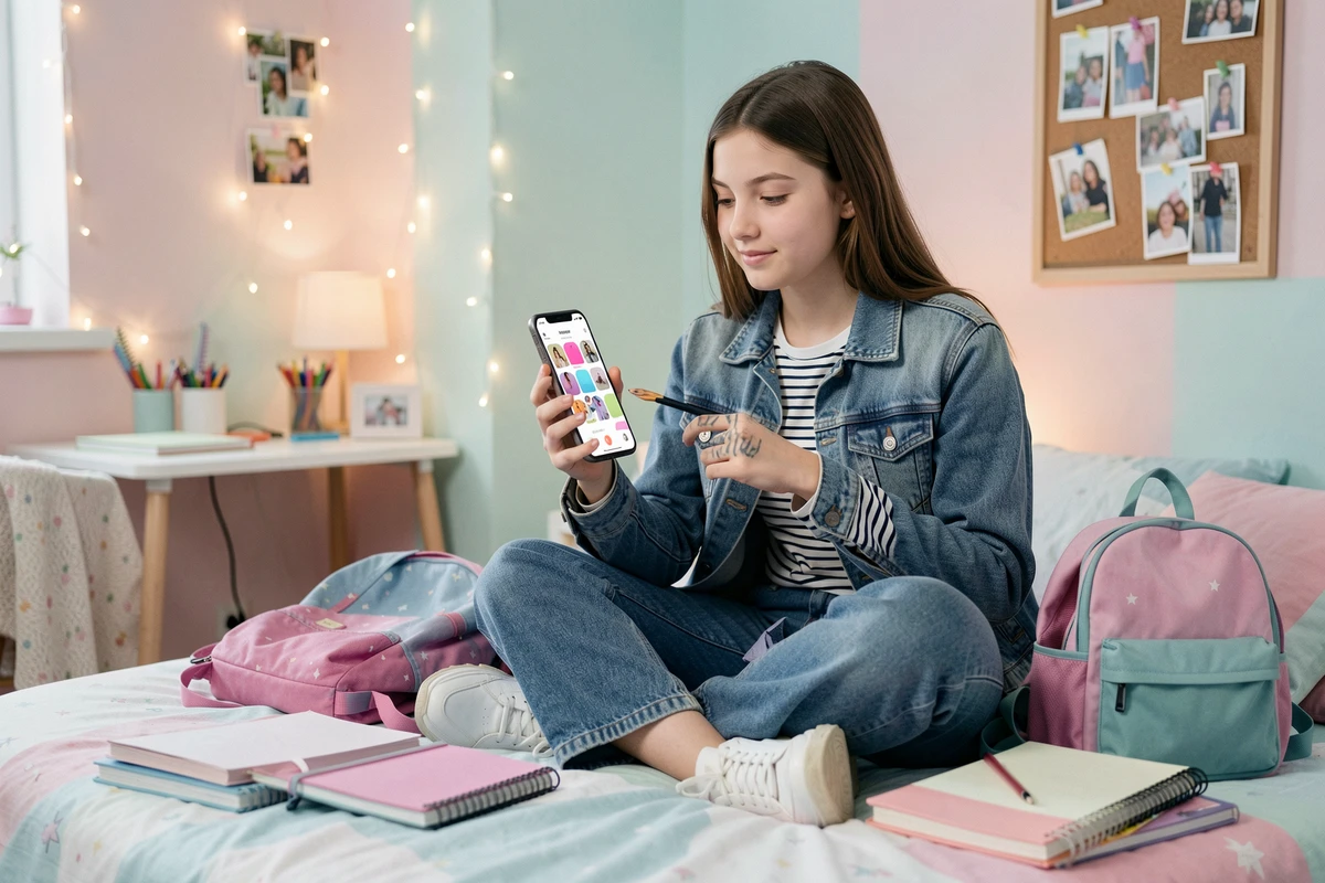Adolescente en tenue de rentrée consultantune application de mode sur smartphone dans sa chambre