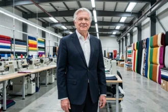 Portrait d'un créateur de mode vieillissant dans une usine textile moderne symbolisant l'histoire de Zara et Amancio Ortega