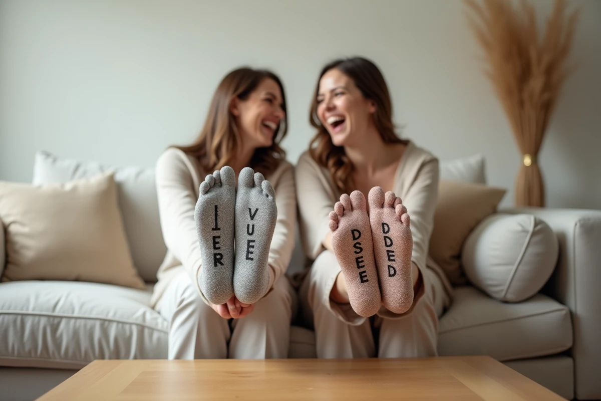 Deux femmes complices montrant leurs chaussettes paillettes message dans un salon moderne