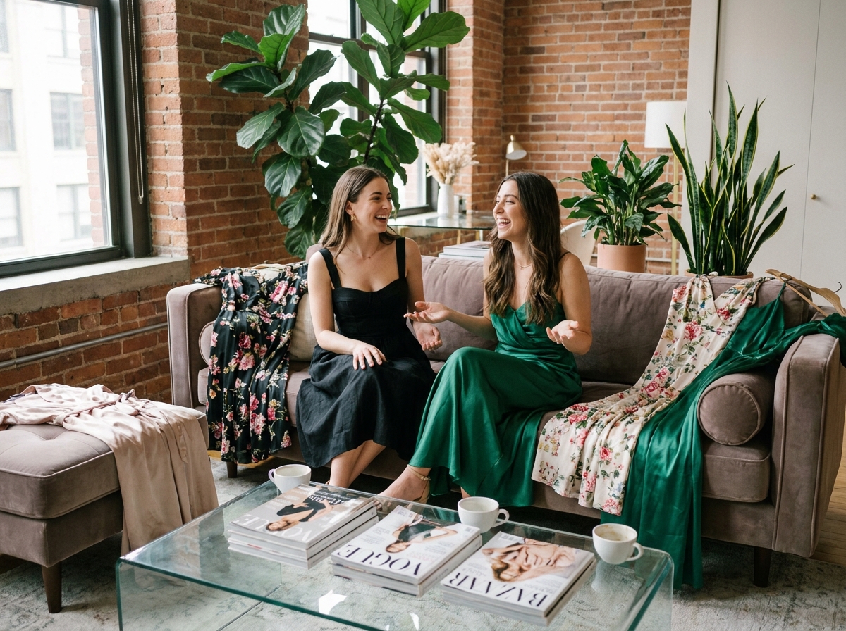 Deux amies comparant des robes élégantes sur un canapé en velours dans un appartement moderne avant une soirée