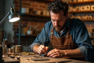 Artisan joaillier gravant à la main une chevalière en or sur son établi d'atelier