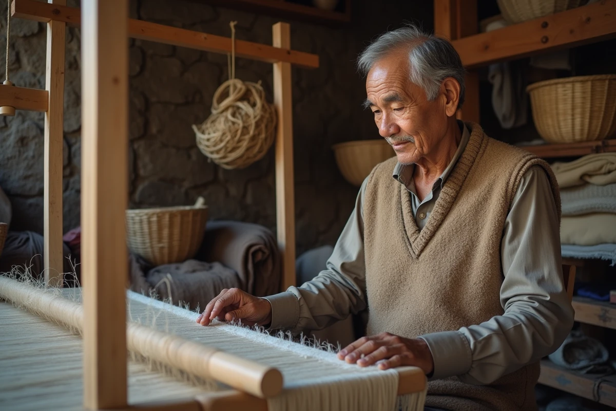 Artisan népalais tissant du pashmina sur un métier à tisser traditionnel en bois dans un atelier de montagne