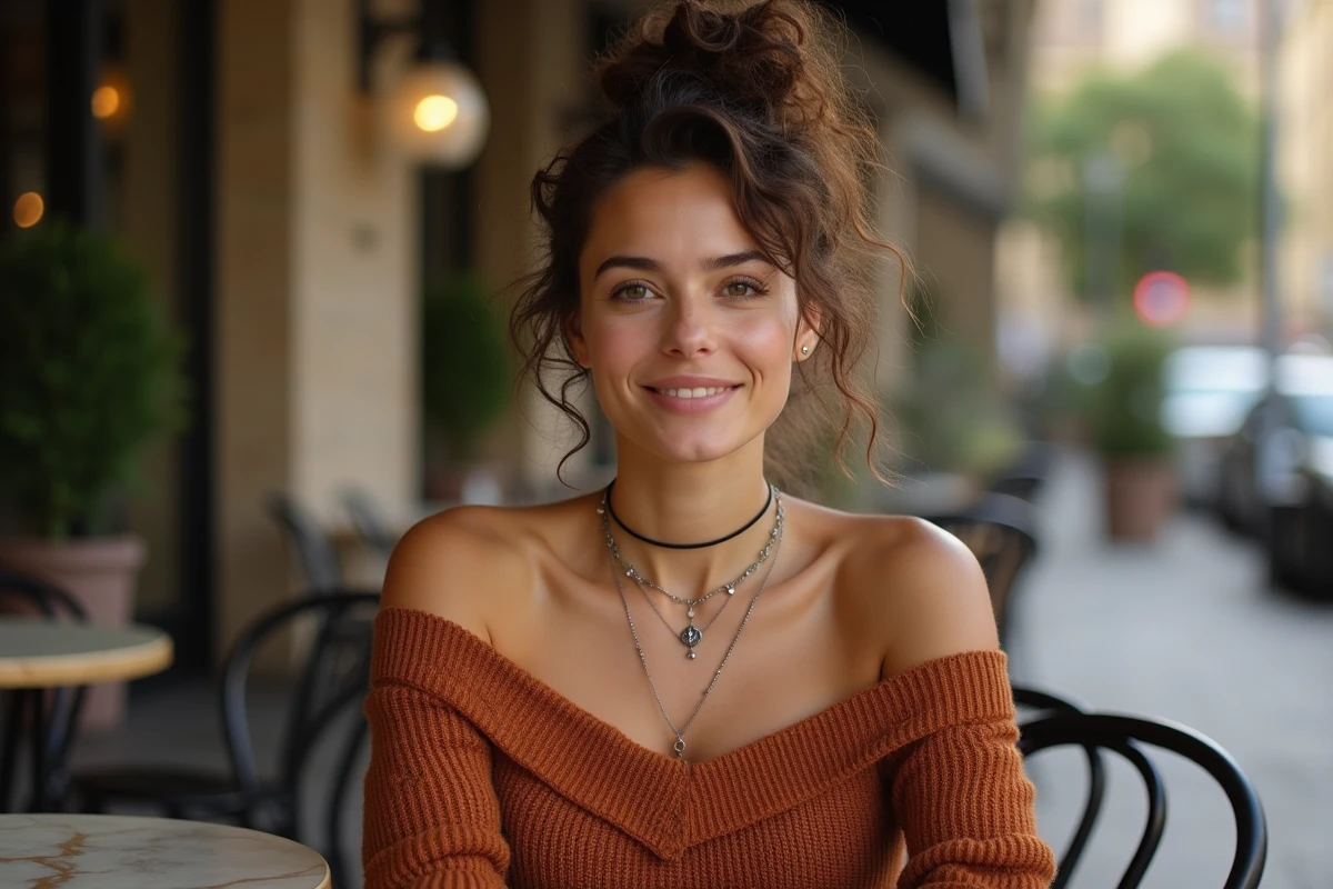Femme aux cheveux bouclés assise en terrasse portant un choker argent et un collier long géométrique sur pull épaules dénudées rouille