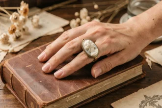 Bague camée ovale en monture dorée portée sur une main féminine posée sur un livre ancien, détail macro éditorial