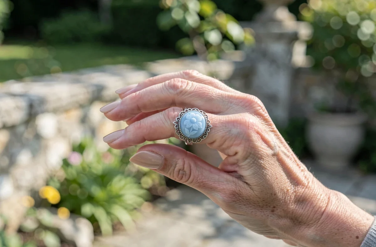 Bague camée ronde en argent filigrane avec motif floral sur sardonyx bleue, portée en extérieur dans un jardin