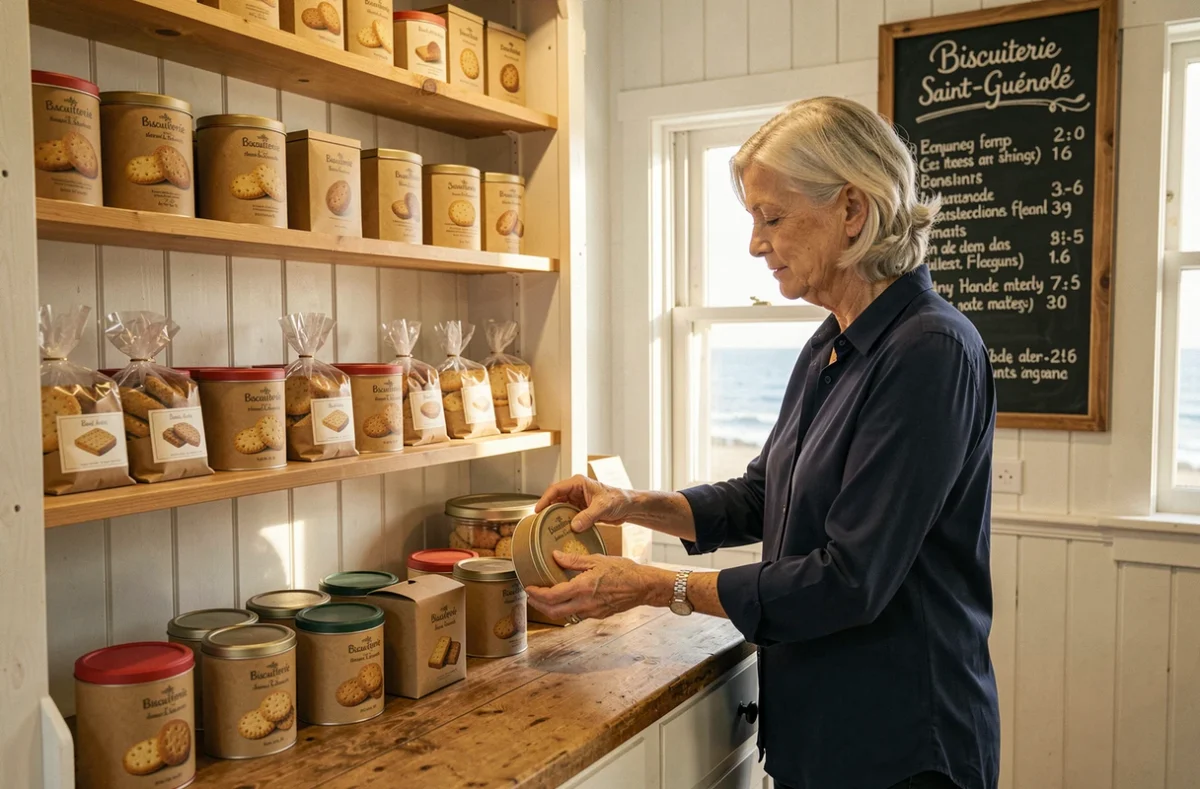 La Biscuiterie Saint-Guénolé à Batz-sur-Mer avec ses biscuits artisanaux bretons présentés dans leurs boîtes illustrées