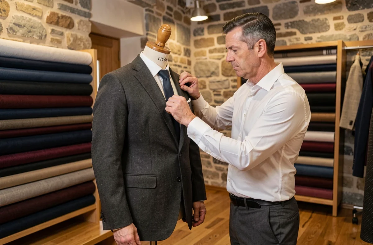 Tailleur de Blandin et Delloye ajustant une veste sur mesure dans un atelier lyonnais aux murs en pierre