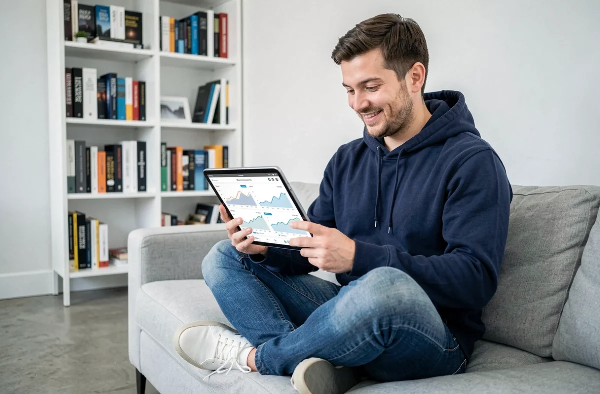 Blogueur masculin analysant les revenus de son blogue sur une tablette dans un appartement moderne et minimaliste