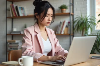 Blogueuse mode assise à son bureau en train de rédiger un article sur son laptop dans un espace de travail cosy et minimaliste