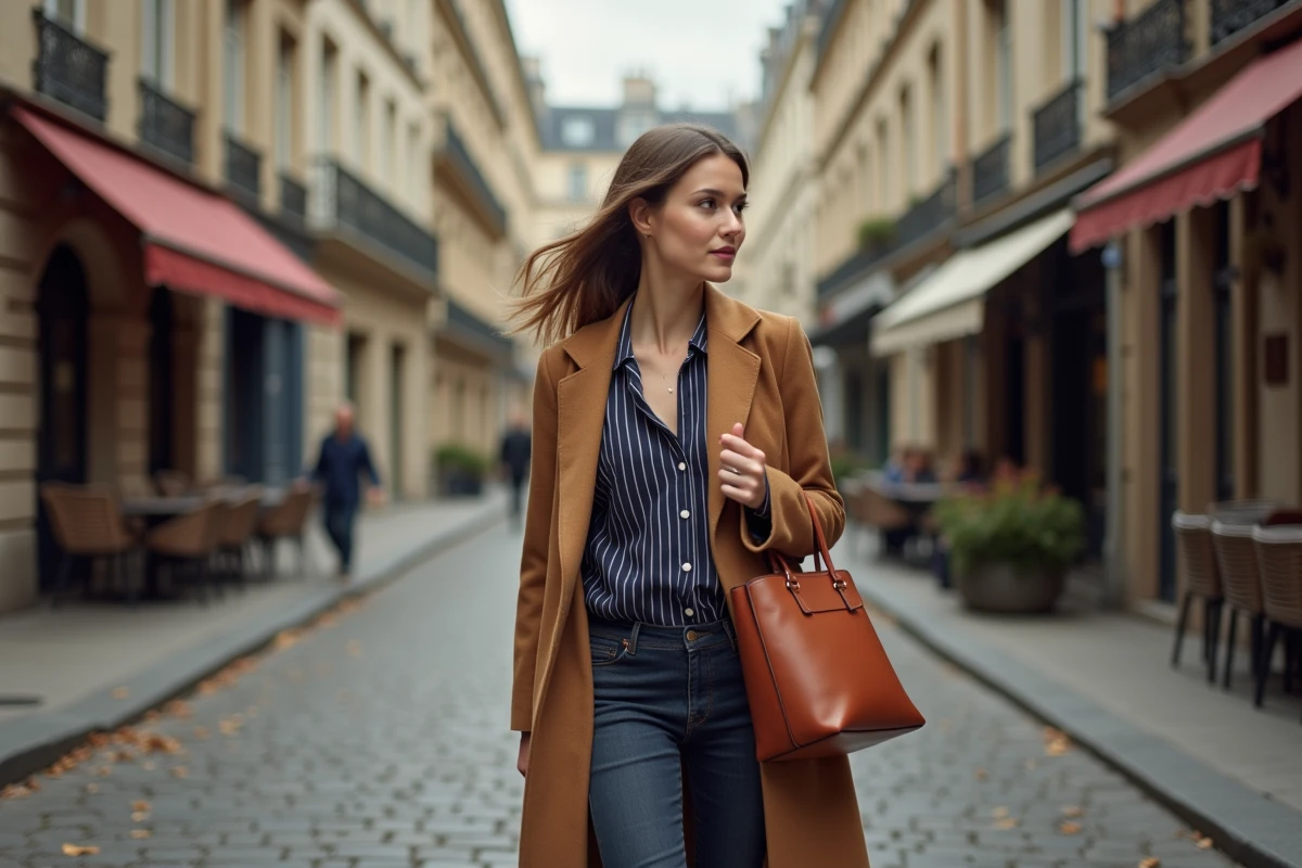 Blogueuse mode en manteau camel marchant dans une rue pavée parisienne lors d'une séance photo lifestyle en automne