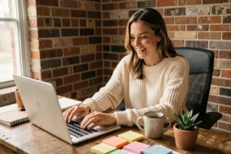 Blogueuse professionnelle travaillant sur son ordinateur portable dans un bureau à domicile cosy pour monétiser son blogue