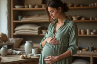 Femme enceinte tenant un bola de grossesse artisanal fabriqué en France dans un atelier de création de bijoux