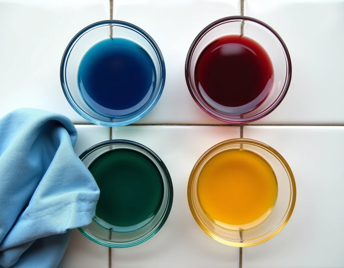Vue de dessus de bols de teinture colorée pour tissu polyester avec échantillons de tissu et sachets de marques