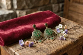 Boucles d'oreilles savoyardes traditionnelles en émail vert et or posées sur bois rustique avec fleurs alpines