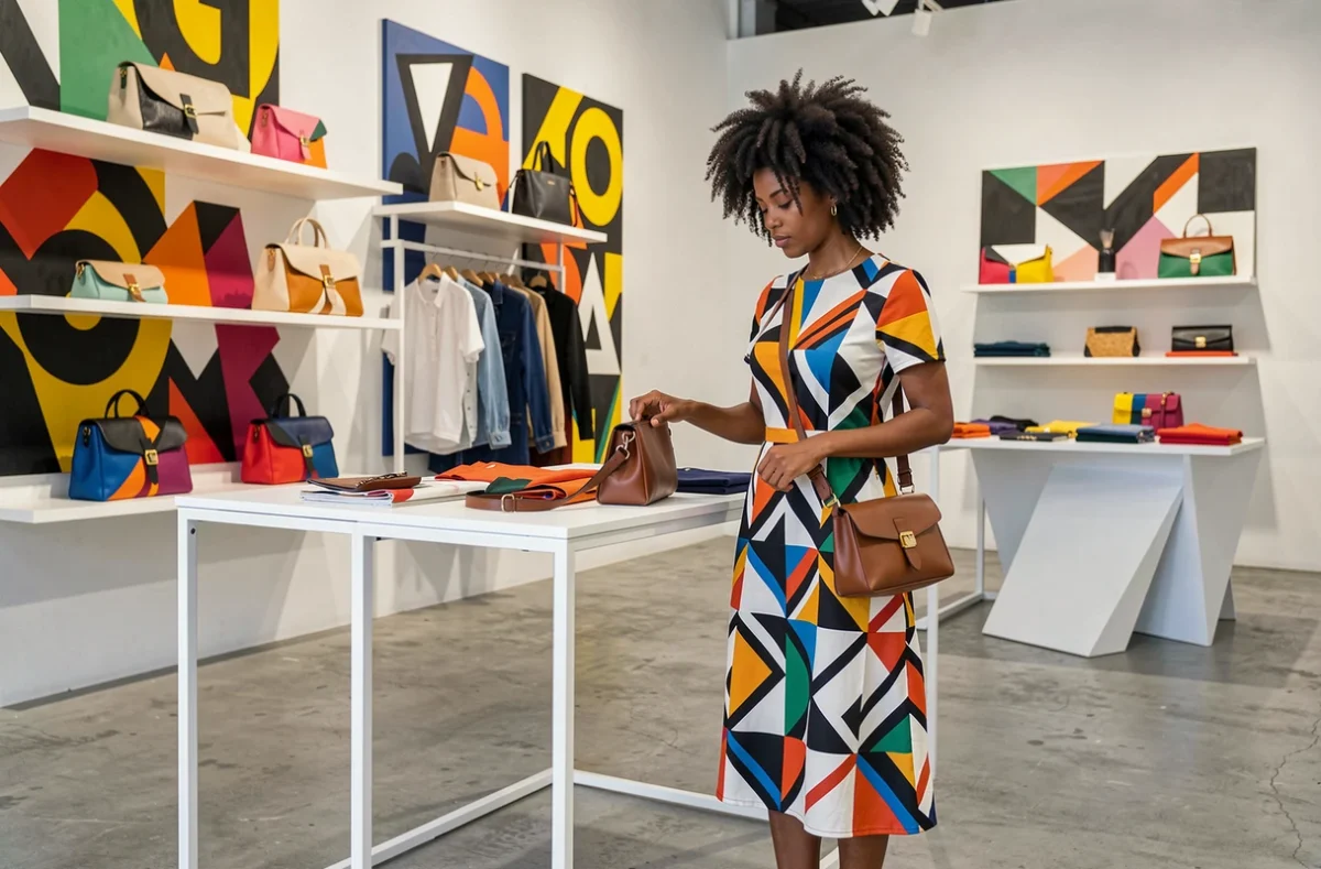 Boutique Amak aux imprimés géométriques audacieux, avec des accessoires structurés et une décoration intérieure contemporaine de type galerie urbaine
