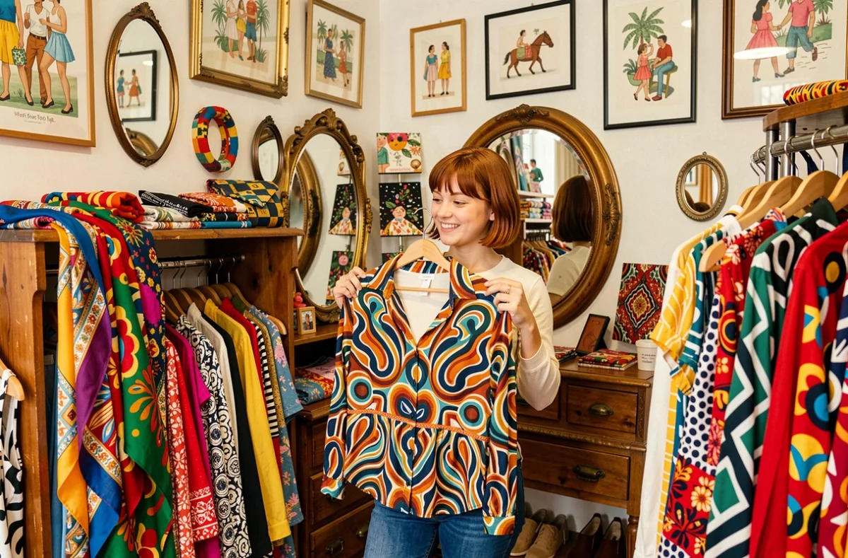 Boutique Boa aux couleurs vives avec des vêtements à motifs, des miroirs vintage et une atmosphère joyeuse et éclectique