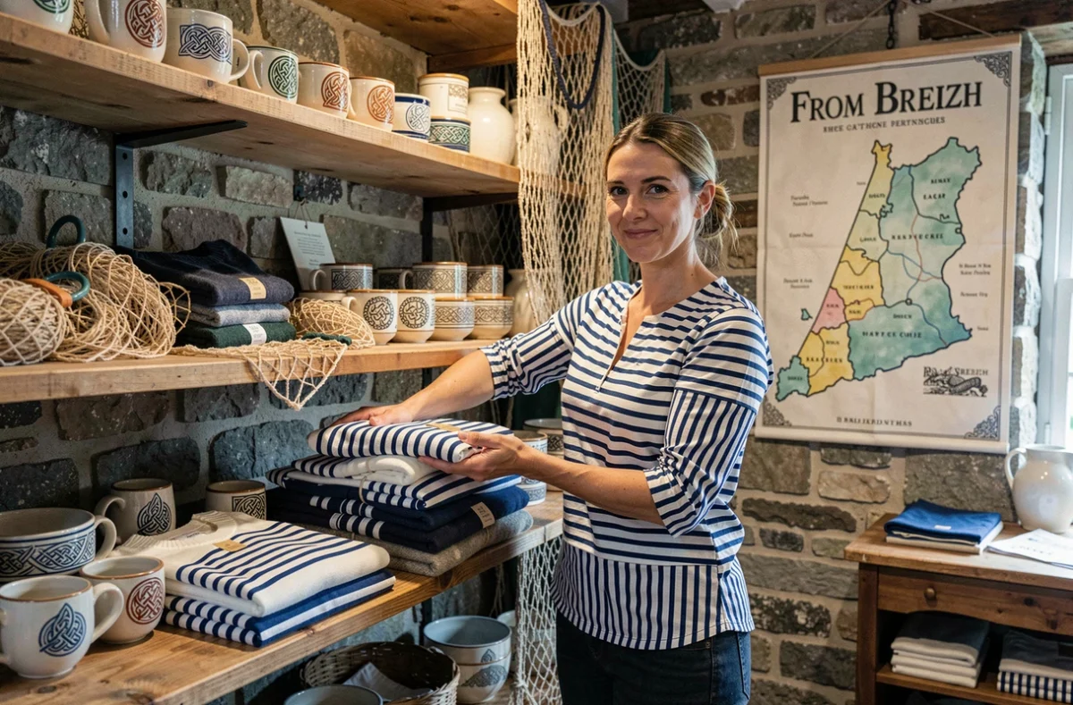 Boutique From Breizh valorisant le patrimoine breton avec des marinières, des pièces en laine et des céramiques aux motifs celtiques