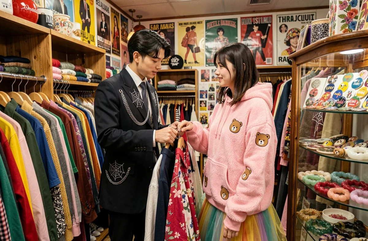 Deux amies aux styles goth et kawaii contrastés dans une boutique de mode alternative à Harajuku