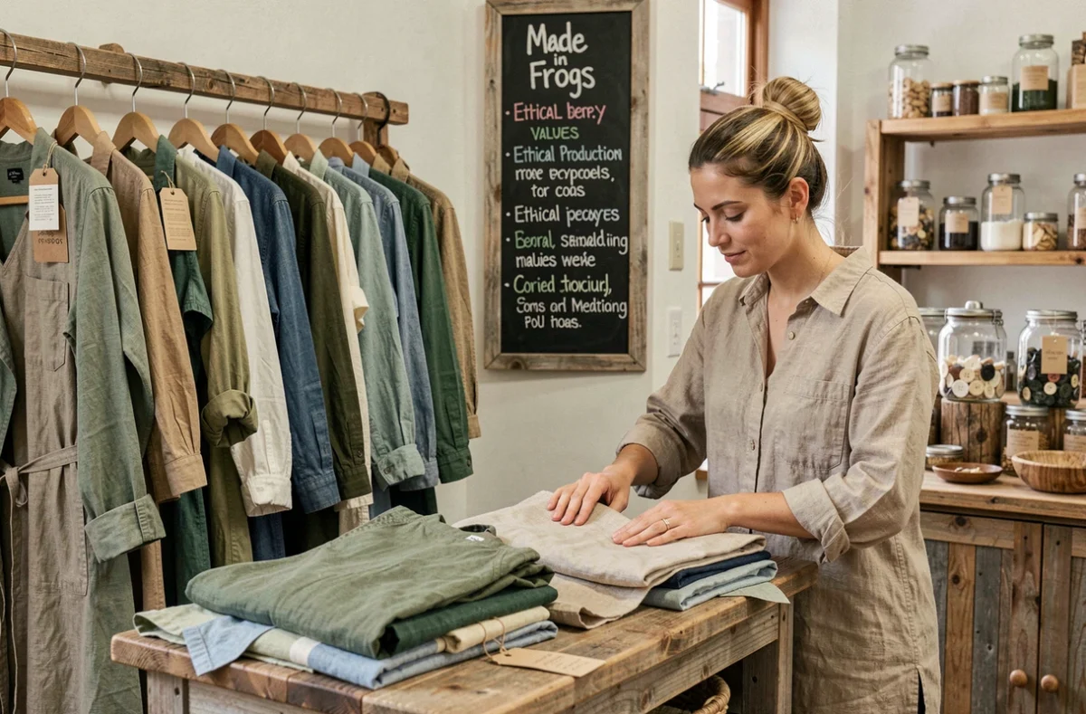 Intérieur de la boutique Made in Frogs avec des vêtements upcyclés sur des portants en bois recyclé et une signalétique éco-responsable
