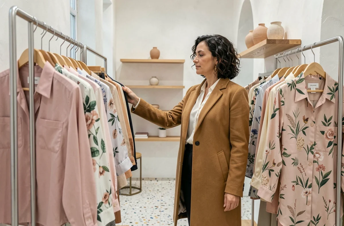 Cliente parcourant des vêtements féminins élégants dans la boutique Orajane, avec des murs blancs et un sol en terrazzo