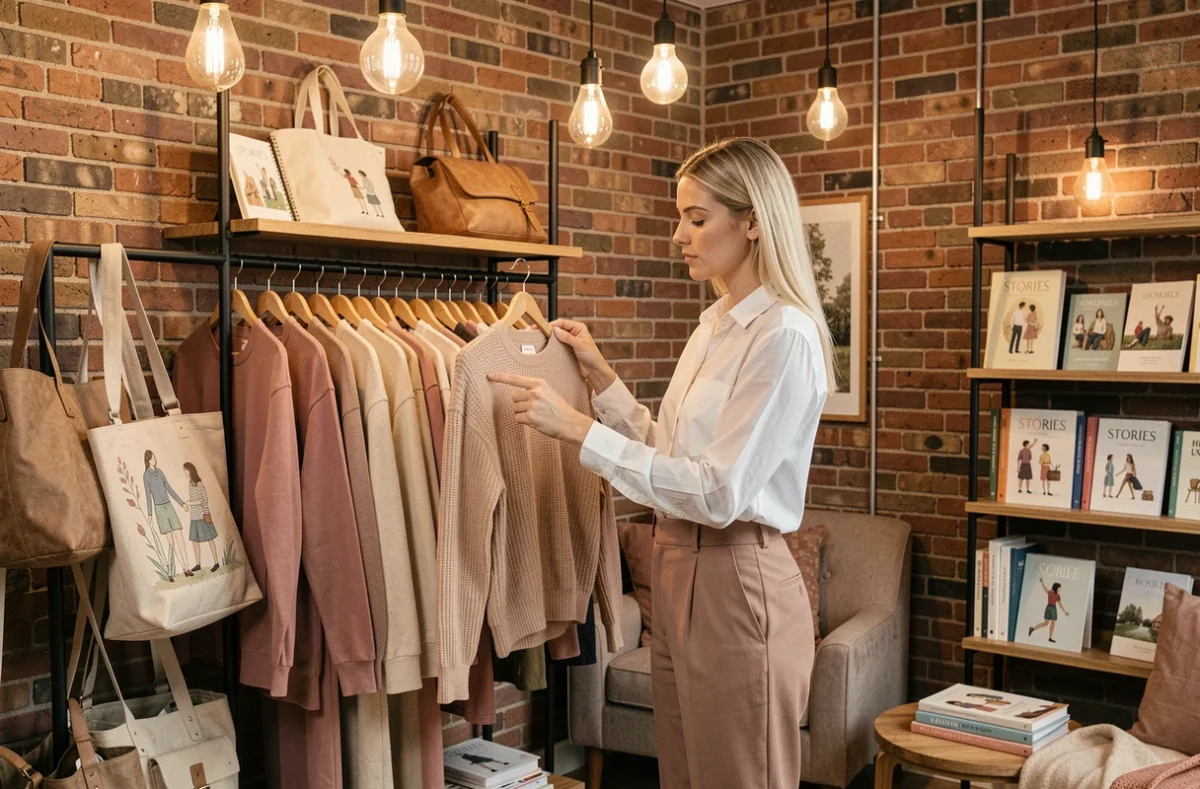 Boutique Stories avec des vêtements sélectionnés en tons neutres, des accessoires artisanaux et un espace cosy aux briques apparentes