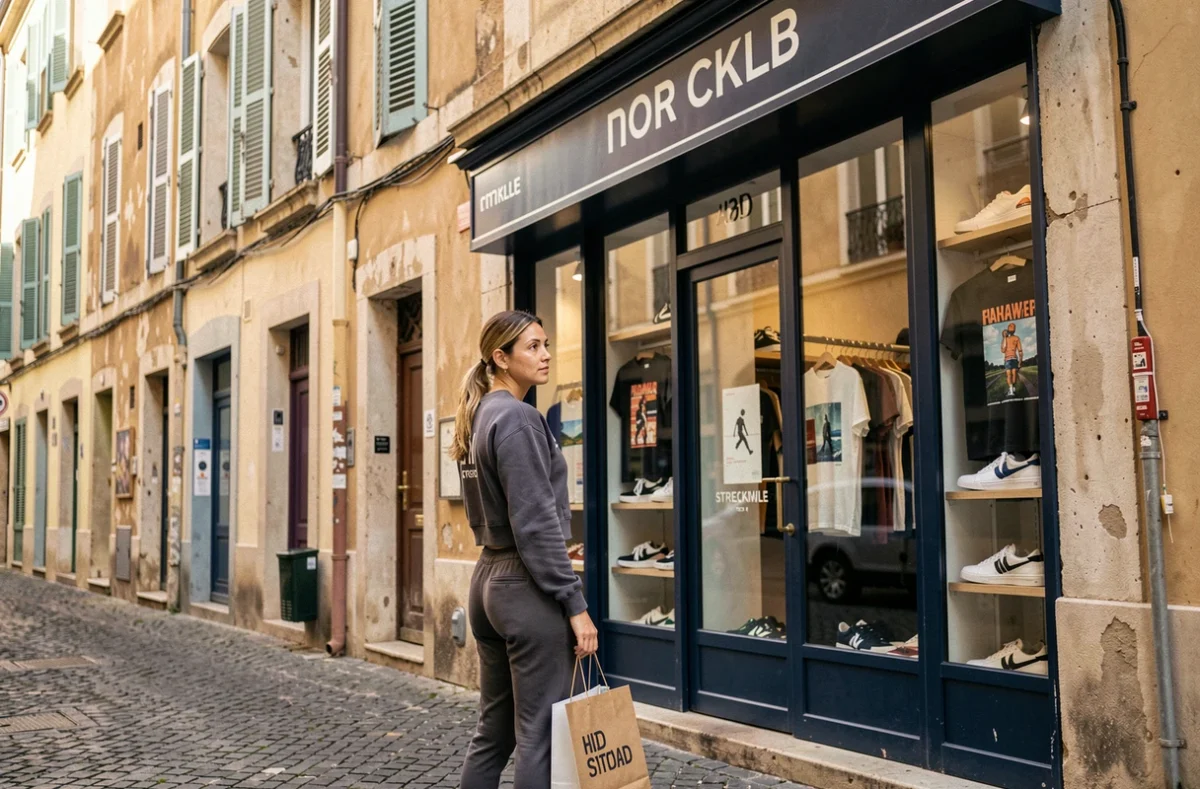 Femme devant la vitrine d'une boutique de streetwear et sport dans un quartier marseillais animé