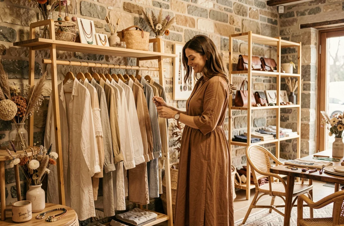 Intérieur chaleureux de la boutique Tipi avec des vêtements bohèmes en lin, des étagères en bois et une ambiance naturelle et nomade
