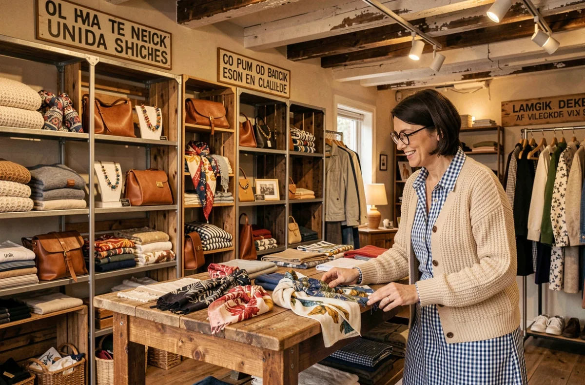 Boutique Unik avec un mélange éclectique de créations locales bretonnes, des étagères industrielles et une ambiance alliant urbain et artisanal