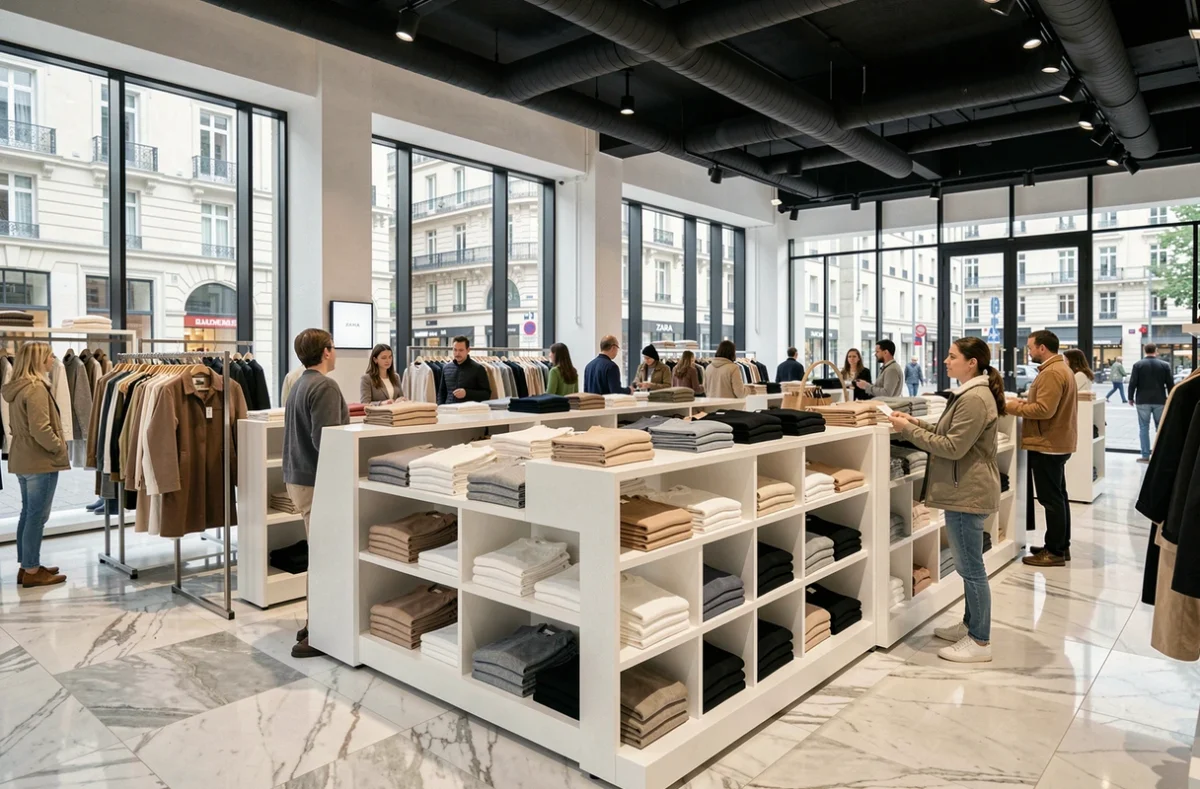 Intérieur d'une boutique Zara haut de gamme avec des rangées de vêtements minimalistes et des clients en train de faire du shopping