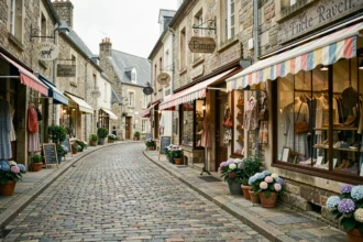 Rue commerçante bretonne avec des boutiques de créateurs indépendants aux façades en pierre et vitrines artisanales