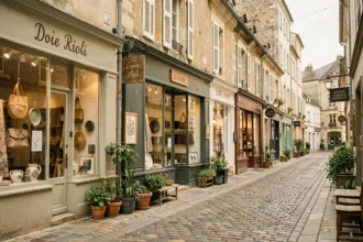 Rue commerçante animée des Pays de la Loire avec plusieurs boutiques de créateurs indépendants et vitrines artisanales