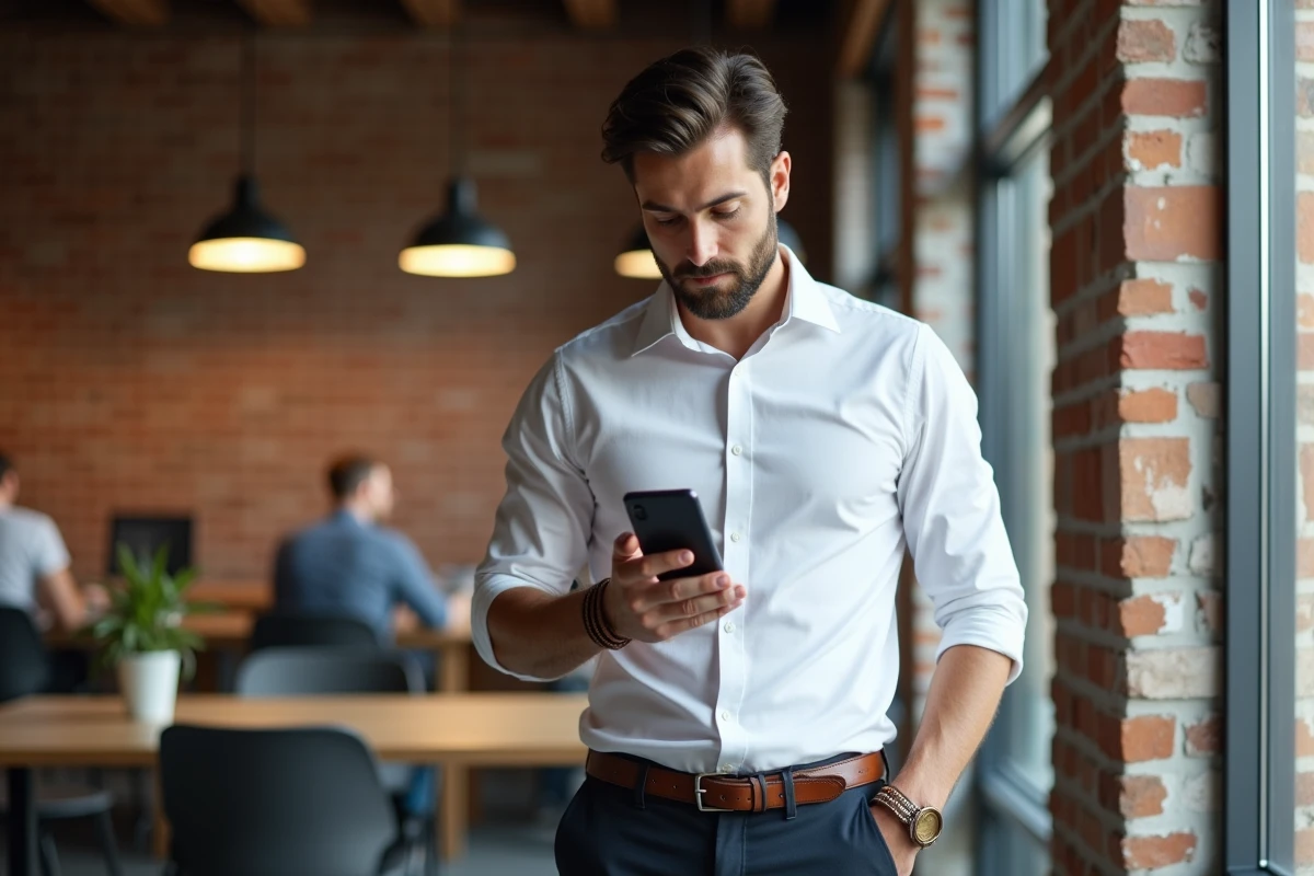 Homme en tenue smart casual avec bracelet de force cuir cognac dans un espace de coworking moderne