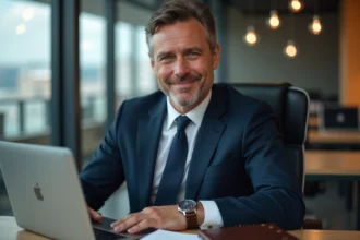 Homme en costume bleu marine portant un bracelet de force en cuir marron avec une montre au bureau