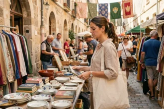Femme parcourant les stands de la grande braderie de Montpellier dans le centre historique
