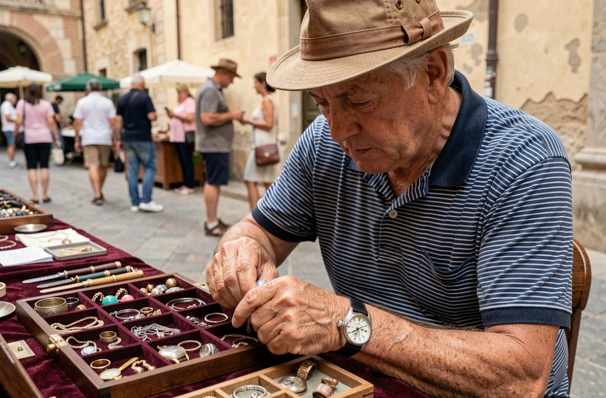 Homme examinant une montre ancienne sur un stand de la braderie de Montpellier