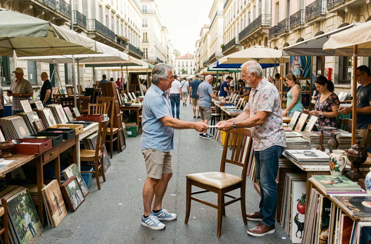 Couple en train de négocier le prix d'un meuble lors de la braderie de Montpellier