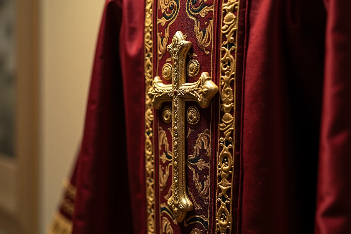 Détail d'une broderie dorée de la Croix du Christ sur un vêtement liturgique dans un monastère portugais