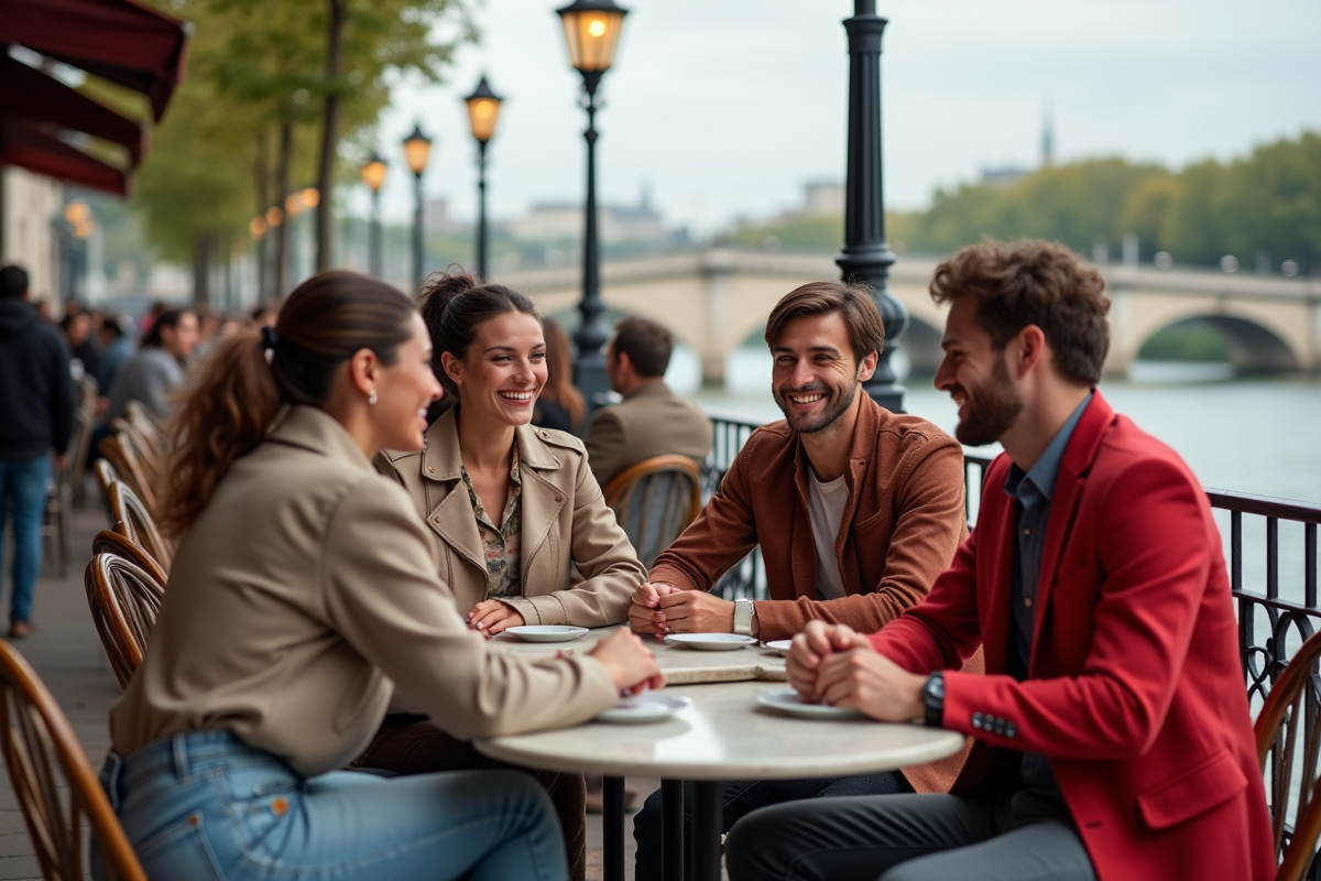 Groupe de jeunes au café en bord de Seine