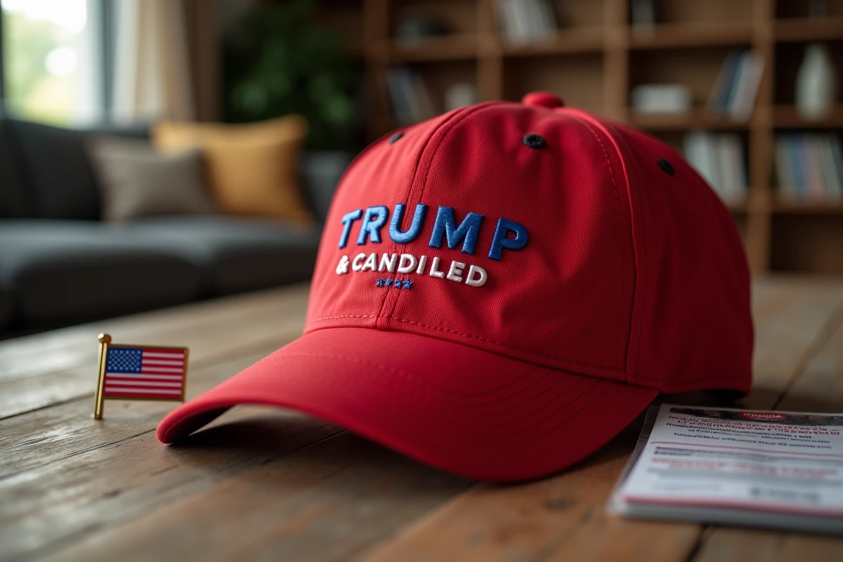 Casquette rouge MAGA posée sur une table en bois avec accessoires patriotiques américains