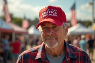 Homme portant une casquette rouge Make America Great Again lors d'un événement patriotique américain