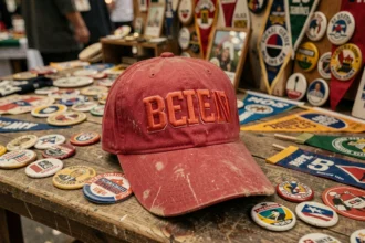Casquette Trump vintage rouge avec broderie posée sur une table de marché aux puces entourée d'objets de collection politiques