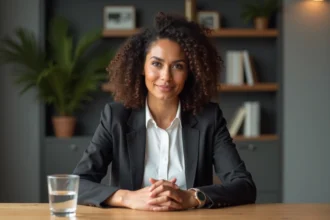 Femme aux origines mixtes en entretien, assise à une table en bois dans un studio moderne, exprimant une réflexion authentique