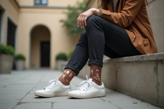 Jeune femme portant des chaussettes paillettes avec message humoristique en milieu urbain