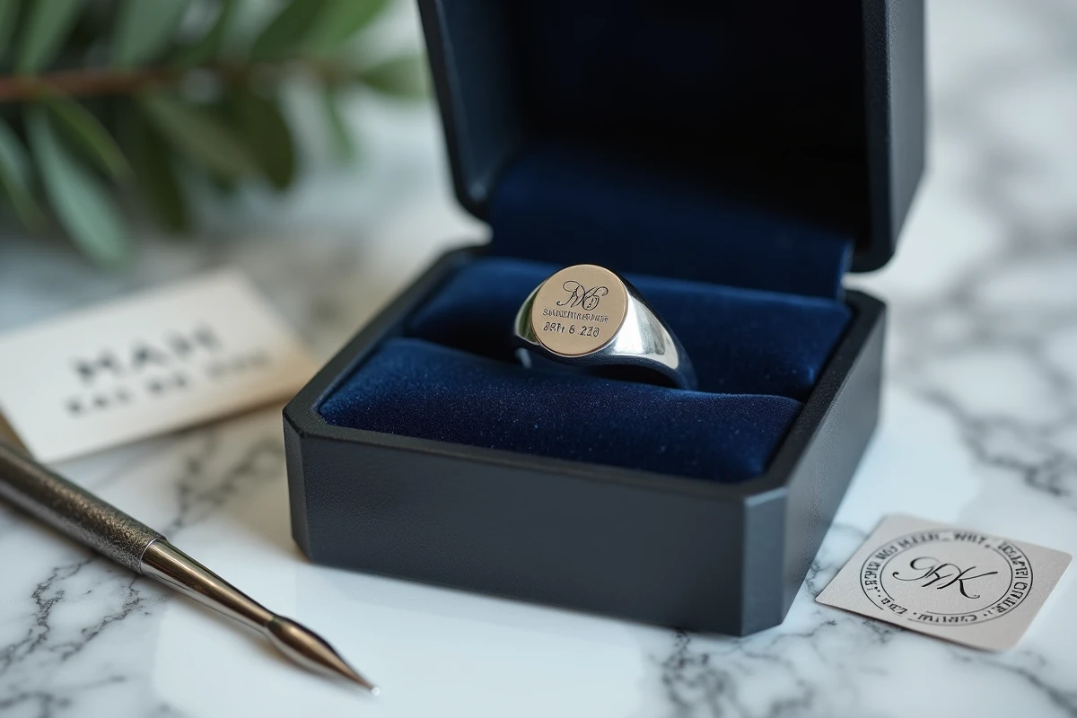Chevalière en argent gravée présentée dans un écrin cadeau en velours marine sur marbre blanc