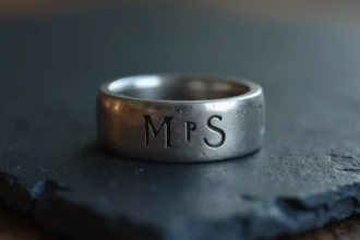Chevalière homme en argent gravée d'initiales posée sur une surface en ardoise sombre