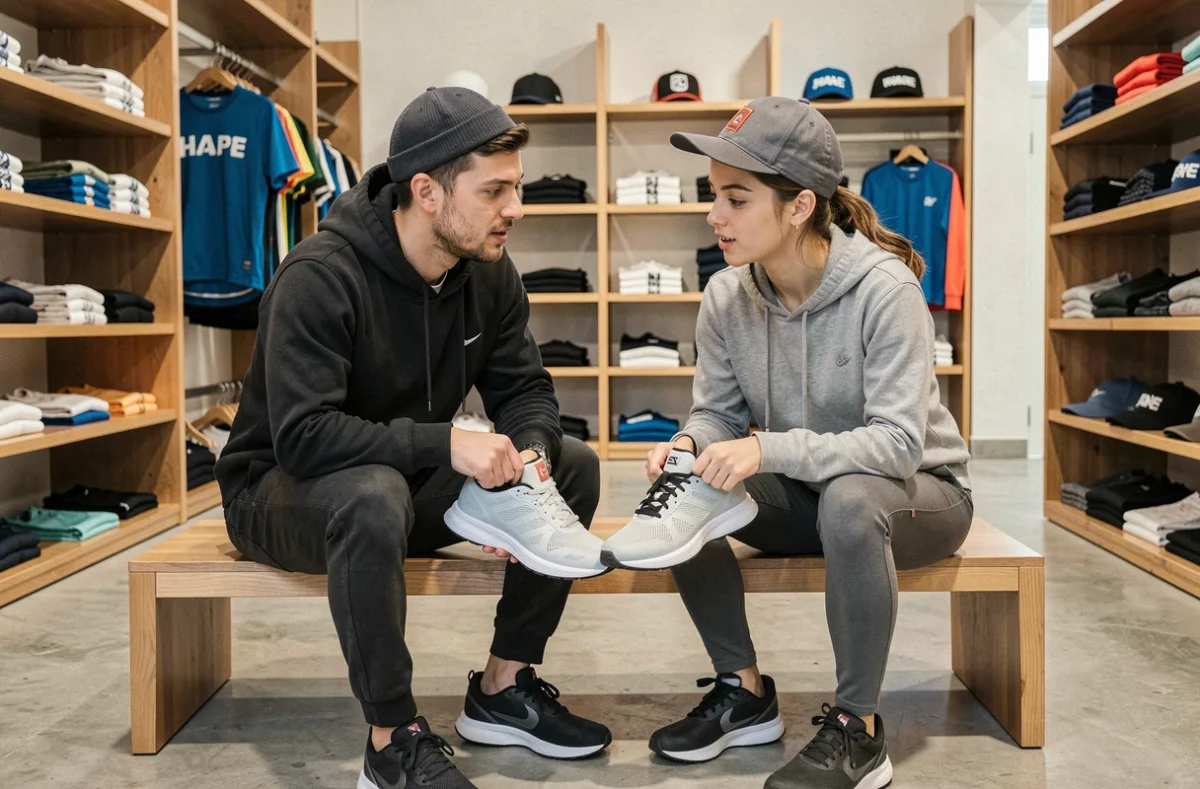 Deux amis choisissant des sneakers et vêtements de sport dans un magasin de streetwear à Marseille