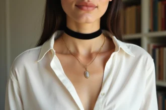 Femme portant un choker en velours noir associé à un collier long en or sur un chemisier blanc, style parisien élégant